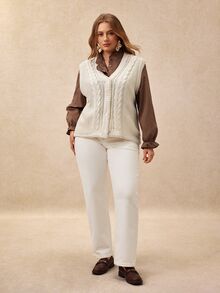 Écloséra Curve Plus Size Women's Elegant Versatile Twisted Rope Cable Knit Button V-Neck Sleeveless Vest Cardigan, Suitable For Outings, Dates, Daily Wear - Apricot - View 6