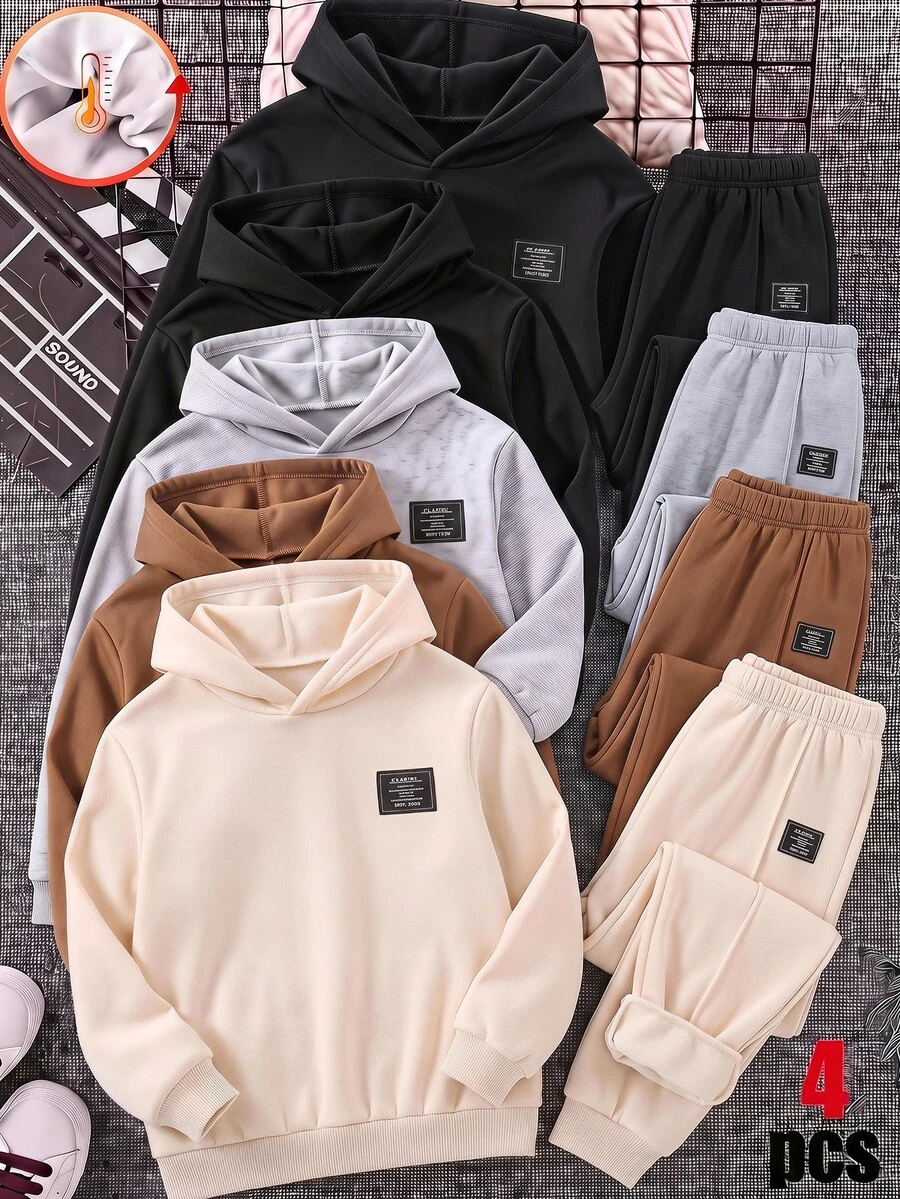 SHEIN 4件組兒童青少年男孩休閒秋冬純色鬆緊腰長褲，男孩慢跑褲百搭長褲多件組
