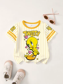 LOONEY TUNES X SHEIN Young Girl Summer Casual Striped Cartoon Print T-Shirt - White - View 1