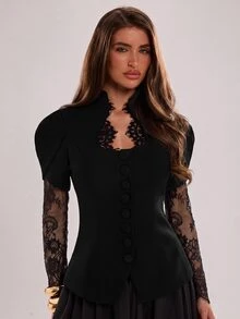 SHEIN BAE بليزر نسائي أنيق بأزرار وتطريز دانتيل مرقع - الأسود - مشاهدة 7