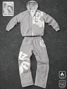 Manfinity Homme Men's Plus Size Foam Print Zip-Up Hoodie And Drawstring Waist Long Pants Set - Grey - View 1
