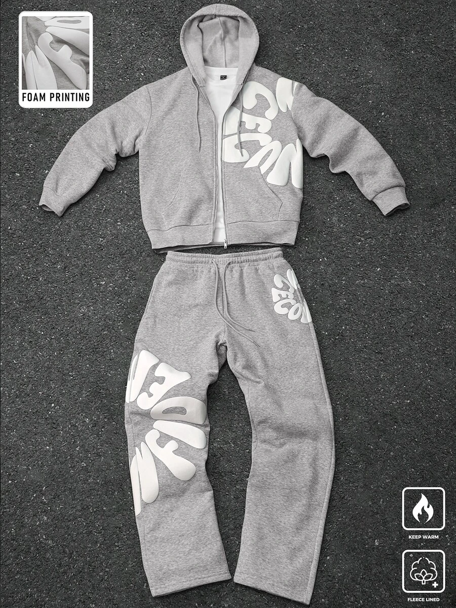 Manfinity Homme Men's Plus Size Foam Print Zip-Up Hoodie And Drawstring Waist Long Pants Set - Grey - View 1