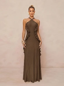 Lumalex New Knit Jacquard Tree Pattern Ruffle Trim Sleeveless Tie Halter Neck Long Dress - Brown - View 4