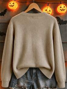 SHEIN ICON Women's Casual Autumn Halloween Theme Top, Patchwork Ghost Pattern Crew Neck Long Sleeve Sweatshirt - Khaki - View 2