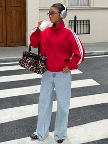 Muchica Women's Colorblock Casual Daily Long Sleeve Jacket Winter Jacket: Red Knit High-Neck Style With Drawstring Waist And Neck Tie Detail Work Out - Apricot - View 5