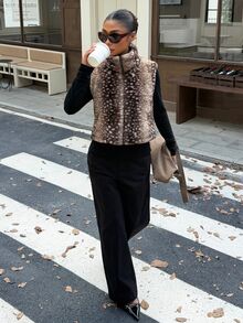 Muchica Leopard Print Fuzzy Women's Padded Coat Deer Patterned Faux Fur Fall/Winter Y2k Vintage Renaissance Christmas Festival New Year Keep Warm - Brown - View 3