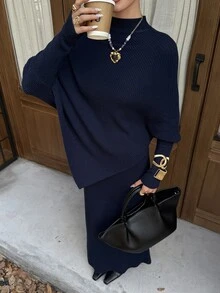Livesso Women's Autumn Casual Solid Color Batwing Sleeve Sweater & Knitted Skirt 2pcs Set - Navy Blue - View 1