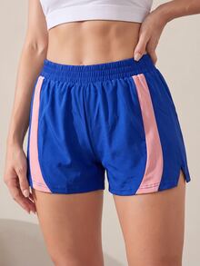 Easithlete Women's Striped Colorblock Elastic Waist Sports Shorts - Navy Blue - View 1