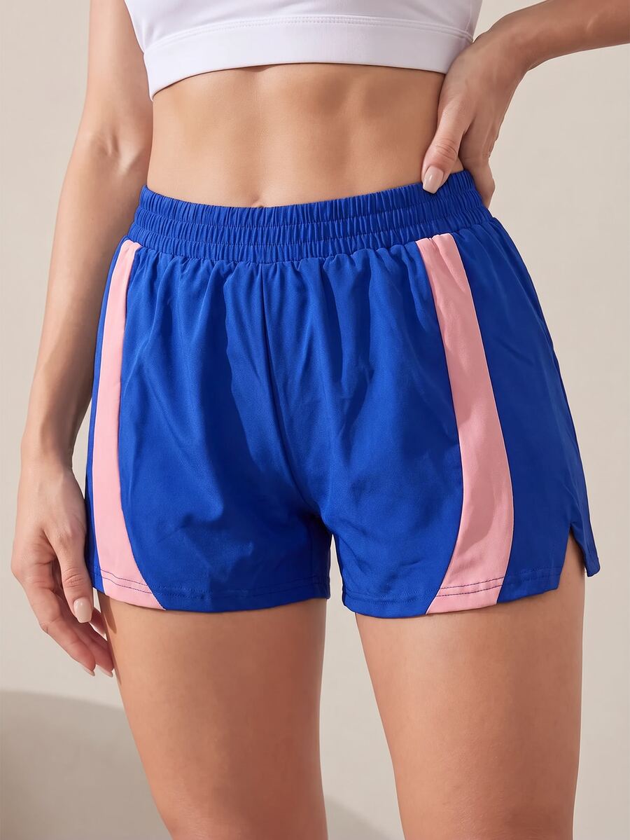 Easithlete Women's Striped Colorblock Elastic Waist Sports Shorts - Navy Blue - View 1
