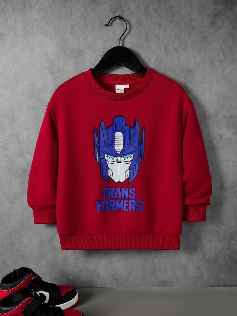 Transformers X SHEIN Young Boy Cartoon Print Long Sleeve Crew Neck Sweatshirt - Red - View 1