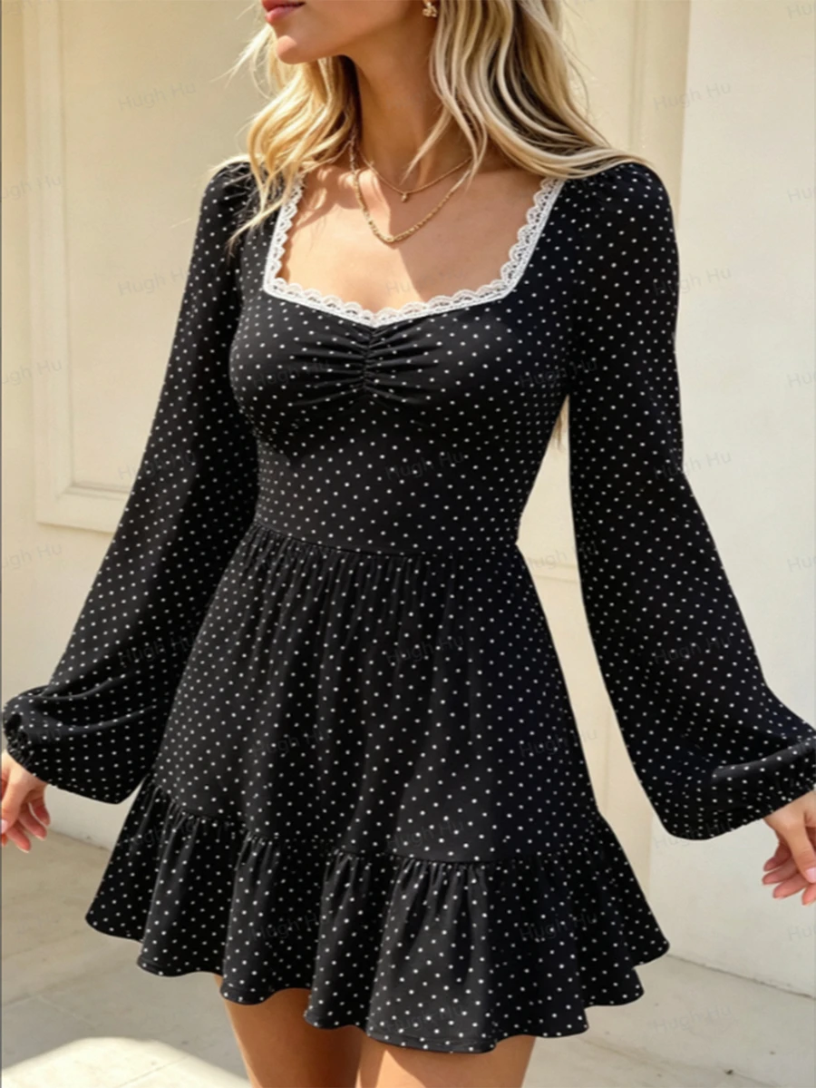 Cévolie Women's Lace Trim Polka Dot Casual Daily Summer Dress - Black - View 1