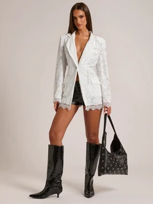 SHEIN BAE Women's New Chinese Style Stand Collar Brown Striped Long Sleeve Blazer, Suitable For Social Events And Office Commute - White - View 1