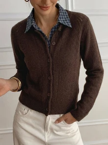 Strévra Women's Casual Plaid Patchwork Cardigan, Autumn/Winter Long Sleeve Tops - Brown - View 4