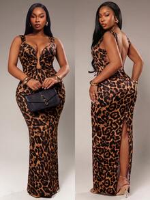Radiana Plus Size Women's Leopard Print Deep V-Neck Sexy Fitted Sleeveless Dress - Multicolor - View 6