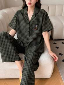 DAZY 2pcs/Set Plaid Cartoon Embroidered Pattern Cardigan Short Sleeve Top & Straight Leg Long Pajama Pants Sleepwear Set - Dark Green - View 5