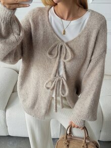 DAZY Solid Color Loose Long Sleeve Tie-Neck Round Collar Casual Vacation Korean Style Autumn/Winter Knit Cardigan For Women - Khaki - View 5
