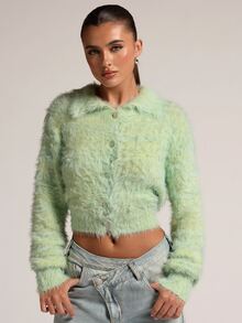 SHEIN BAE New Fashion Hot Girl Style Faux Mink Fur Collar Shell Button Fitted Long Sleeve Cinched Waist Cropped Sweater For Women - Mint Green - View 8