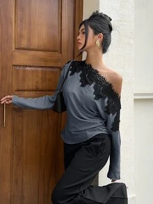 Siren Gaze Women's Asymmetrical Shoulder Lace Patchwork Pleated Elegant Top - Dusty Blue - View 6