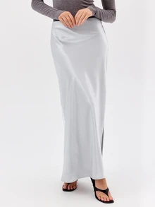 KÆRIA Hus Side Split Maxi Skirt - Fluid Satin - Powder Blue - Elegant, Luxury, Formal, Evening,Modern - Light Grey - View 5