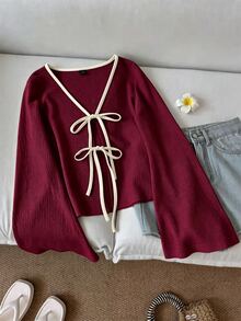 SHEIN LUNE 休閒女款綁帶對比飾邊針織上衣 - 酒紅色 - 查看 1