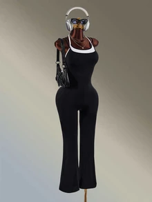 Amplova Women's Black & White Contrast Color Long Flare Leg Sports Jumpsuit - Black and White - View 5