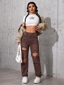 SHEIN ICON 休閒水洗磨損牛仔褲 - 棕色 - 查看 3