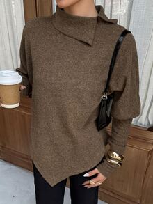 DAZY Women's Asymmetric Folded High Neck Long Sleeve Solid Color Side Slit Hem Loose Casual Commute Coffee Brown Knit Top T-Shirt, Autumn/Winter - Brown - View 6
