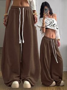 SHEIN Tall CURVE 大尺碼女款街頭風外出套裝 彈性腰頭 舒適灰色 秋季 - 咖啡棕 - 查看 6