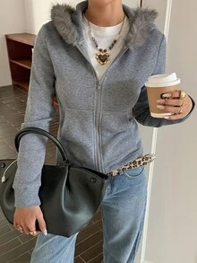 DAZY Jaket Sweatshirt Kasual Lengan Panjang Slim Fit dengan Hiasan Bulu Halus Warna Abu-abu, Serbaguna untuk Musim Gugur/Dingin - Grey - View 7