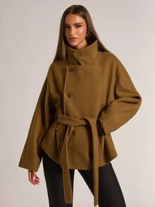 SHEIN BAE Mantel Panjang Bergaya Vintage dengan Kerah Besar dan Sabuk Elegan - Olive Green - View 4