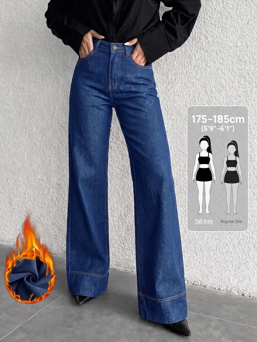 SHEIN Tall 女款休閒水洗直筒牛仔褲 - 深色水洗藍 - 查看 1