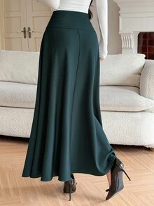 DAZY Dark Green High Waist Button Decor A-Line Flared Elegant Commute Midi Skirt Women Autumn Winter - Khaki - View 6