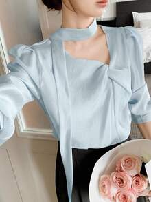 DAZY Women's Tie-Up Elegant Korean Style Long Sleeve Spring/Summer Blouse - Baby Blue - View 5