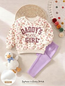 柔霧蓮紫色，可愛甜美字母「Daddy's Girl」❤ 波希米亞柔美花卉圖案，年輕女孩休閒舒適寬鬆圓領衛衣與內搭褲2件套，適合秋冬日常穿著、校園、親子裝、姐妹裝，秋季氛圍，新季節新風格新套裝 - 彩色 - 查看 4