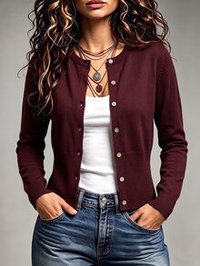 SHEIN كارديجان نسائي محبوك بلون موحد وأكمام طويلة وأزرار أمامية كاجوال - عنابي اللون - مشاهدة 3