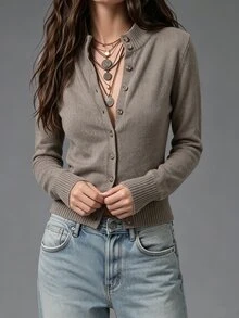 SHEIN Women's Vintage Long Sleeve Single-Breasted Cardigan Sweater - Mocha Brown - View 5