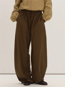 MUSEYN Khaki Woven Elasticated Drawstring Balloon Leg Toggle Pants Versatile Everyday Casual Fall - Brown - View 2