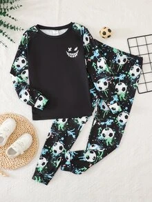 SHEIN Tween Boy Soccer Smiling Face Pattern Crew Neck Long Sleeve Pants Casual Comfortable Fitted Home Sleepwear Set 2pcs - Multicolor - View 3