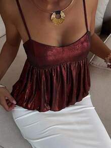 Livesso 女款金色亮片細肩帶背心上衣 - 酒紅色 - 查看 6