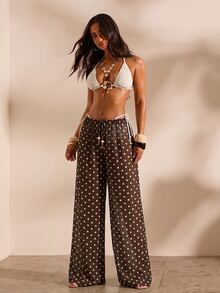 Opulessa Women's Polka Dot Casual Daily Wear Cover Up Pants - Chocolate Brown - View 3
