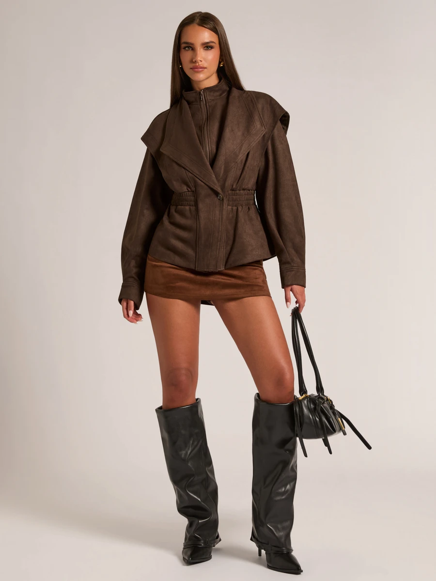 SHEIN BAE Jaket Lengan Panjang Wanita Warna Polos Kasual Serbaguna untuk Sehari-hari - Coklat - View 1