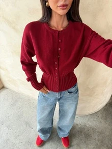 Aloruh Women's Winter Y2K Red Fashion Round Neck Button Front Long Sleeve Loose Top Tight Bottom Cardigan Sweater Warm - Red - View 1