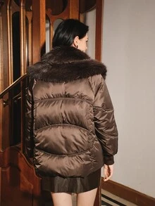 Anewsta Women's Autumn/Winter Elegant Vacation Style Versatile Large Fur Collar Warm Coat - Coffee Brown - View 3