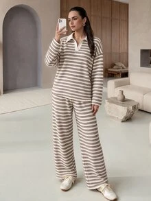 Mulvari Women's Striped Colorblock Long Sleeve Top And Pants Casual Daily Set - Apricot - View 1
