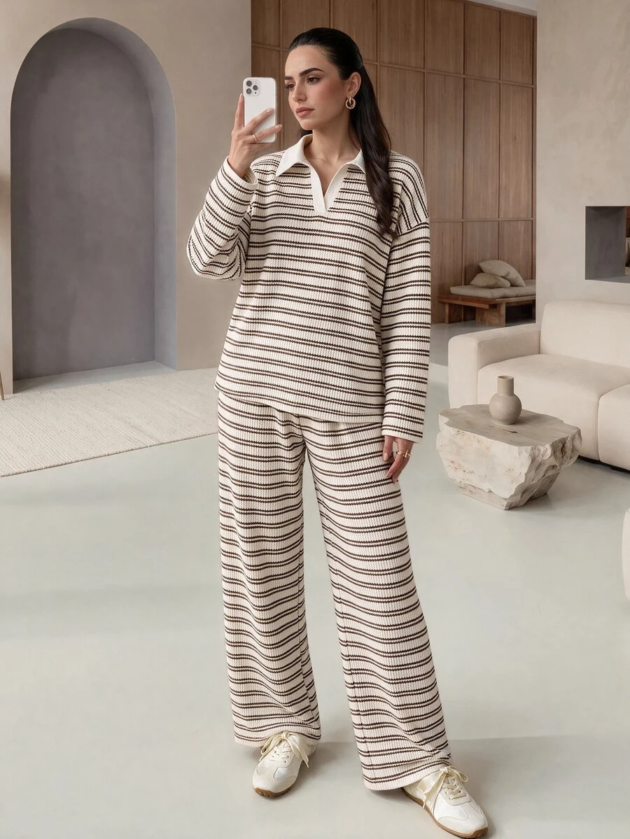 Mulvari Women's Striped Colorblock Long Sleeve Top And Pants Casual Daily Set - Apricot - View 1