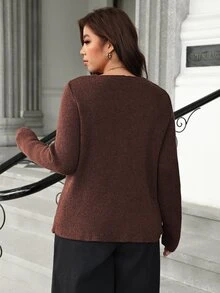 Vionelle Cardigan Rajut Lengan Panjang Leher V Ukuran Besar untuk Wanita, Kancing Emas Mengkilap Besar, Belahan Depan di Bagian Bawah, Jaket Sweater Rajut Bertekstur Pas Badan - Burgundy - View 2