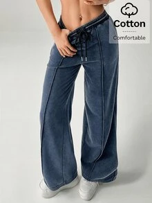 SHEIN PETITE Snow-Washed Women's Drawstring Wide Leg Sweatpants - Blue - View 3