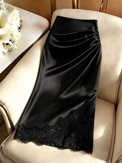 GlowEve CURVE Plus Size Black Skirt For Women With Side Ruched Waist, Eyelash Lace, Asymmetrical Fishtail Hem, Slimming Gentle Style For Vacation And Commute