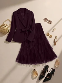GlowEve CURVE Plus Size Jacket Mesh Skirt Suit Set - Brown - View 3
