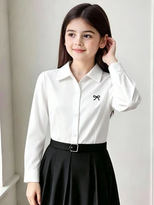 SHEIN 青少年女孩休閒印花鈕扣領長袖修身襯衫，春秋款 - 白色 - 查看 3